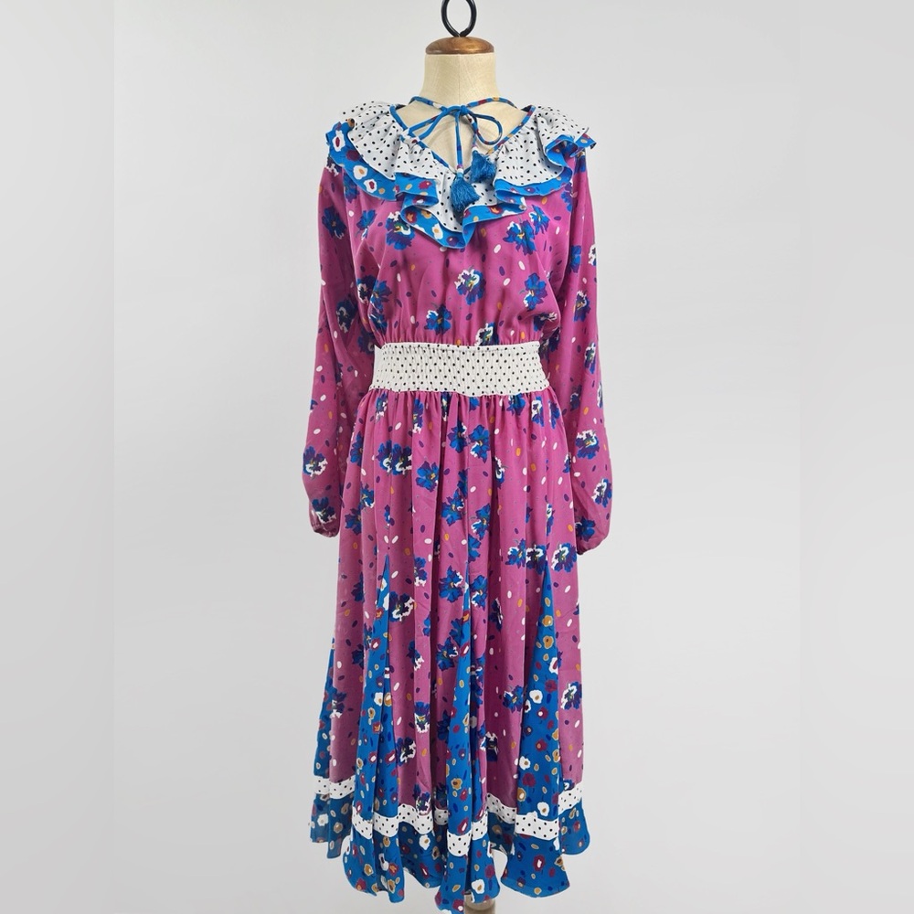Diane Fres Vintage Dress Ruffle Floral Polka Dot Pink Blue